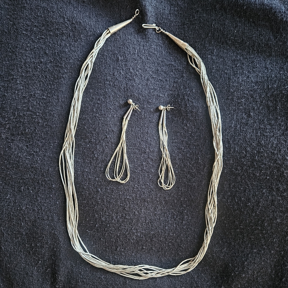 Elegant Vintage 10-Strand 24" Liquid Silver Necklace & 5-Strand Earring Set.